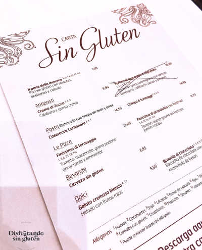 Carta de platos sin gluten Restaurantes La Tagliatella