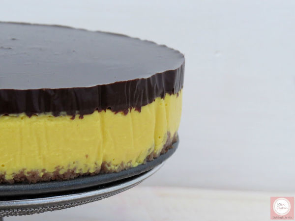 tarta de queso, chocolate y mango sin gluten